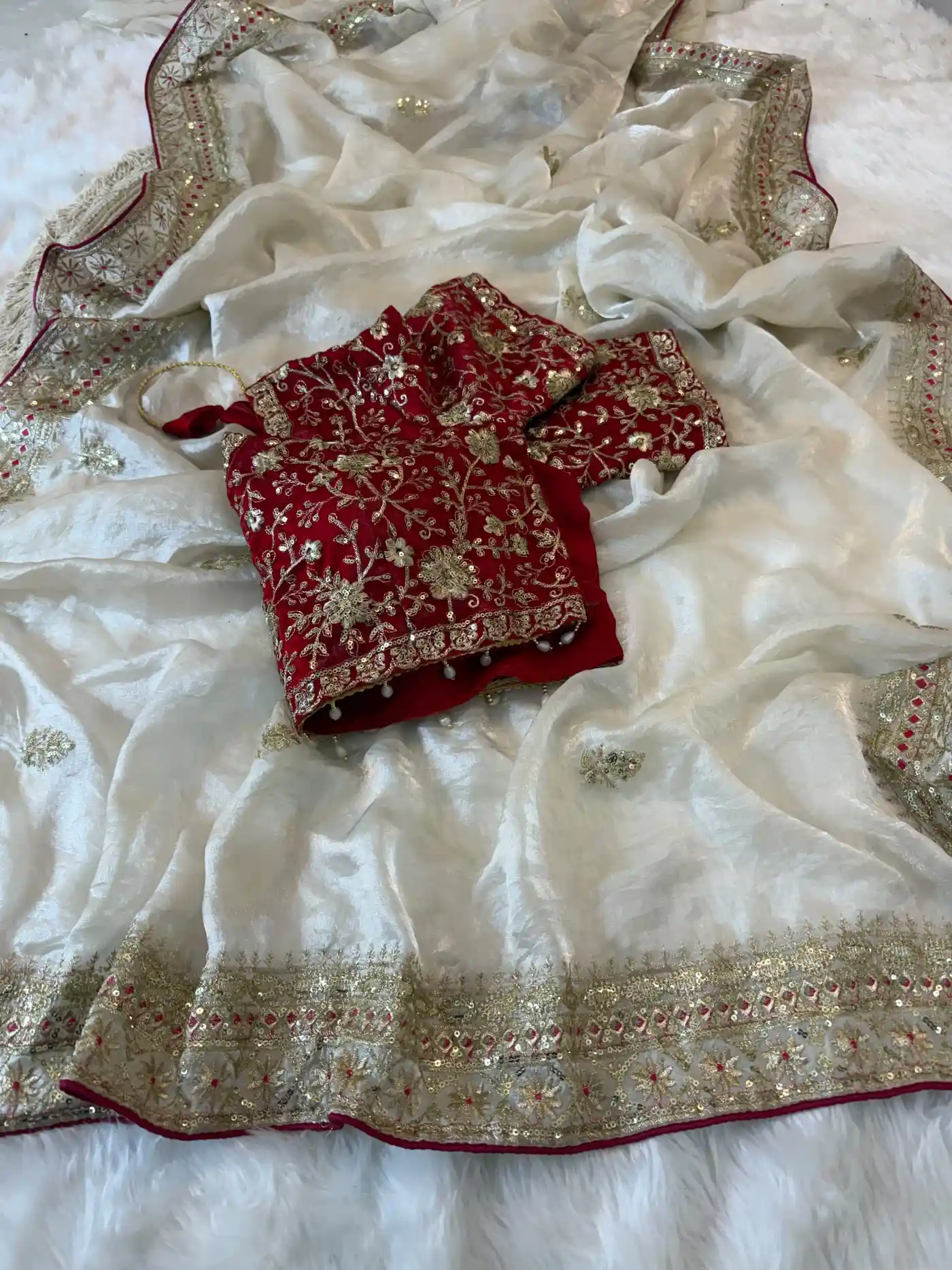 Cream Multi-Thread Heavy Embroidery Soft Space Silk Saree